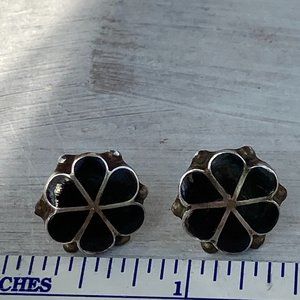 Black enamel inlay on silver floral post earrings